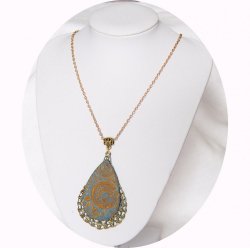 Collier pendentif léger goutte bleu azur et bronze