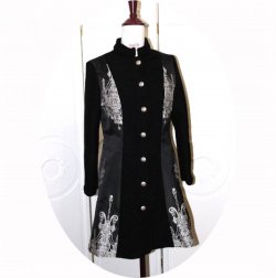 Manteau trois quart évasé en laine noire et motif chandelier baroque argent